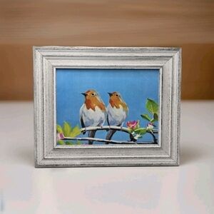 VTG Framed Handpainted Oil On Board Robin Birds On Branch  11x14” Original